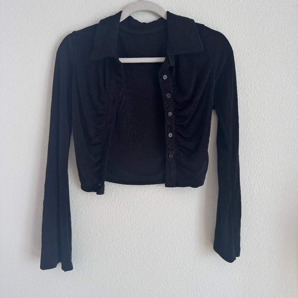 Black Button Down Shiny Blouse - image 1